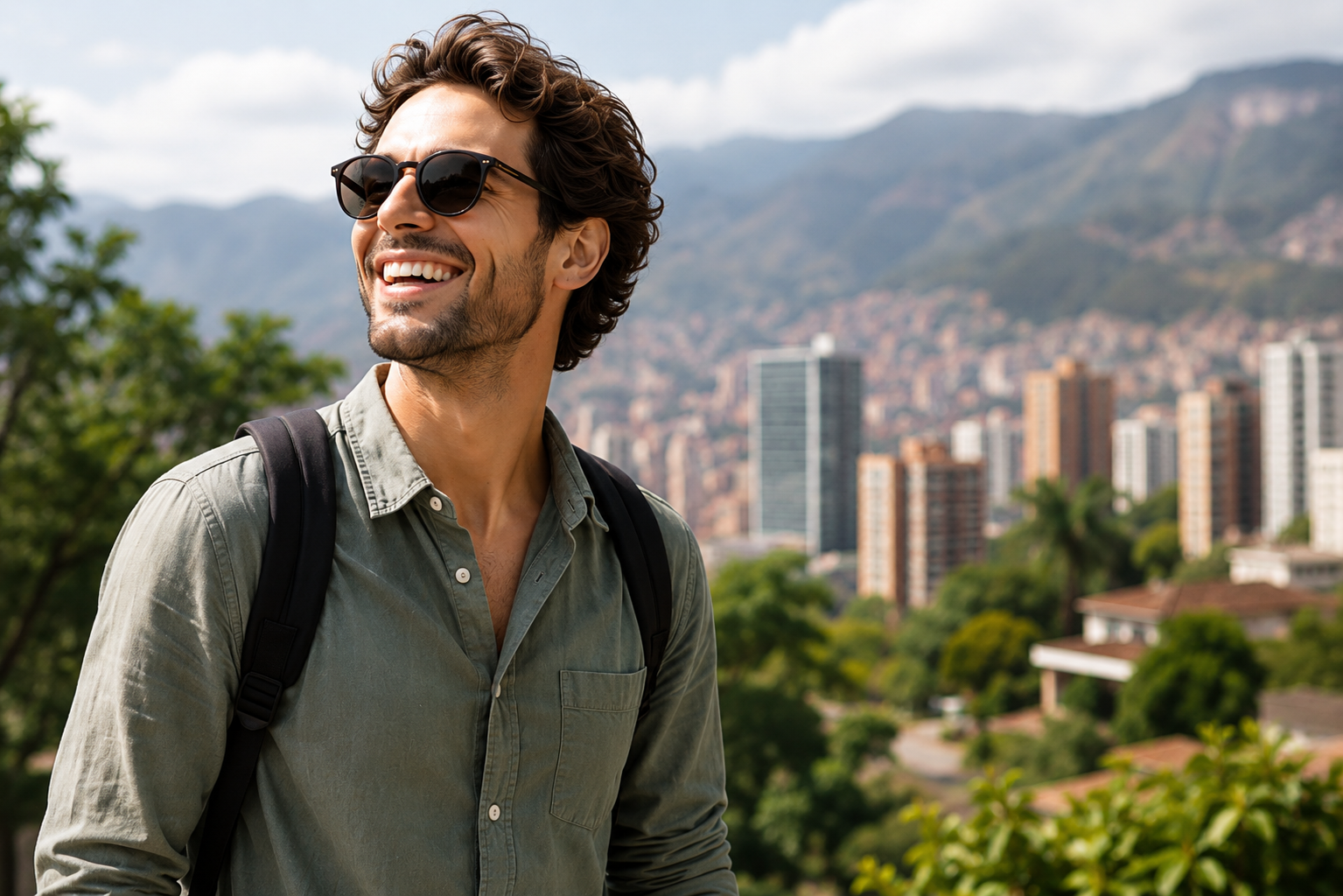 International visitor smiling with confidence, Medellín skyline behind him